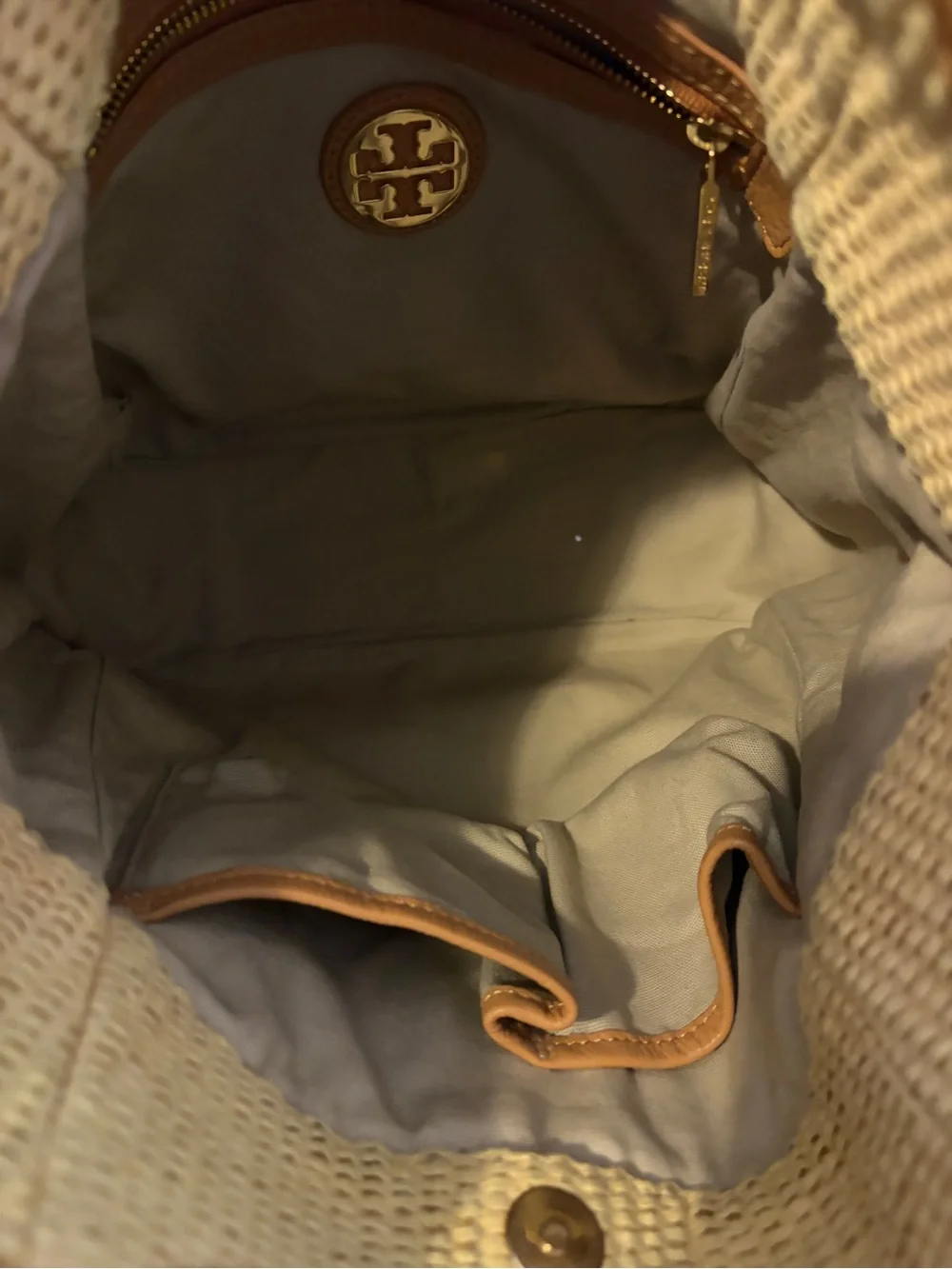 Tory Burch Beige Woven Tote with Leather Trim and Logo